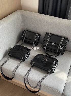 芥末小妹 永远经典的黑色链条包 小众复古流浪包斜挎单肩包女百搭
