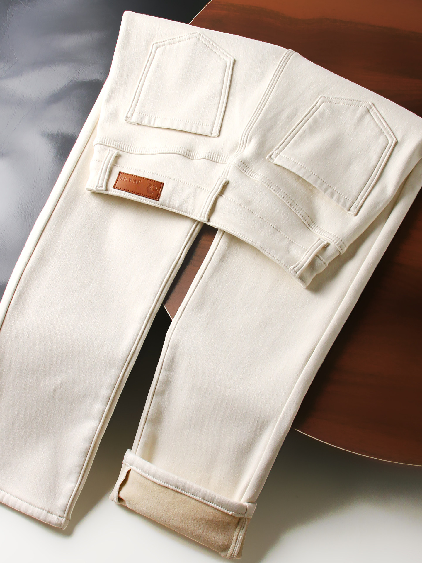 米白直筒牛仔裤女秋冬季2025新款高腰弹力加厚小个子九分烟管裤子