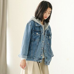 牛仔BF韩版短外套批发春做旧2025夏新学院风水洗慵懒连帽女潮