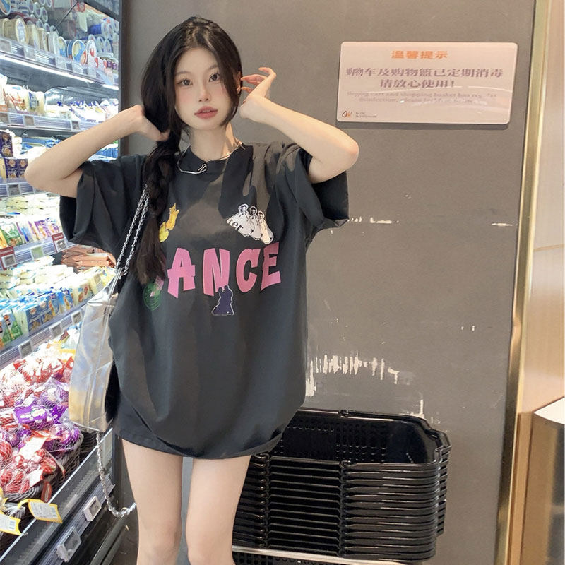 美式复古ins彩色字母印花中长款t恤慵懒风宽松下体失踪短袖上衣