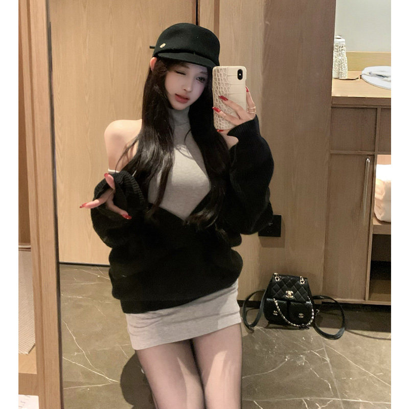 【智性姐姐】ins韩系温柔风深V领毛衣女修身显瘦高领连衣裙两件套,女装/女士精品,时尚套装,淘宝优惠券,粉丝福利购,淘宝优惠卷