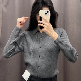 469483 日系春秋季 女精纺美利奴羊毛罗纹polo领针织开衫 长袖 打底衫