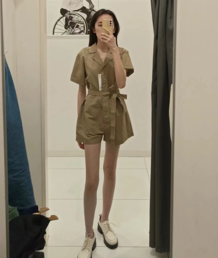 日单2023夏季女装休闲复古高腰显瘦工装风麻混纺连体裤短裤455670