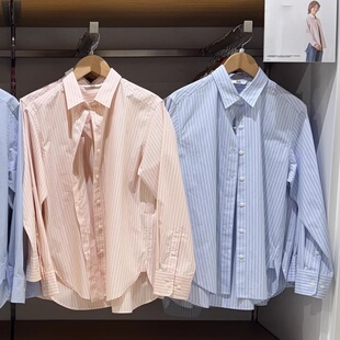 日系新款秋季女全棉条纹衬衫长袖衬衣空调衫薄外套通勤新款479079