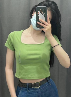 日单2023夏季BM风棉质罗纹方领短T恤短袖短款露肚脐上衣女452077
