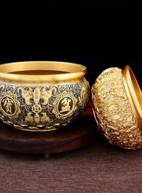铜工艺品黄铜大小号聚宝盆组合金蟾聚宝盆铜摆件桌面摆件开业铜盆