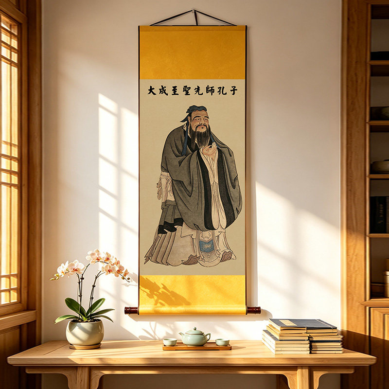 先师孔子画像国画挂画复古中式书房装饰画传统手工装裱人物卷轴画