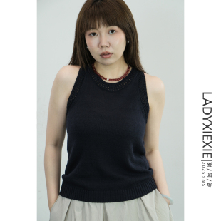 法式 88折 立减 背心上衣 镂空天丝亚麻挂脖无袖 LADYXIEXIE7