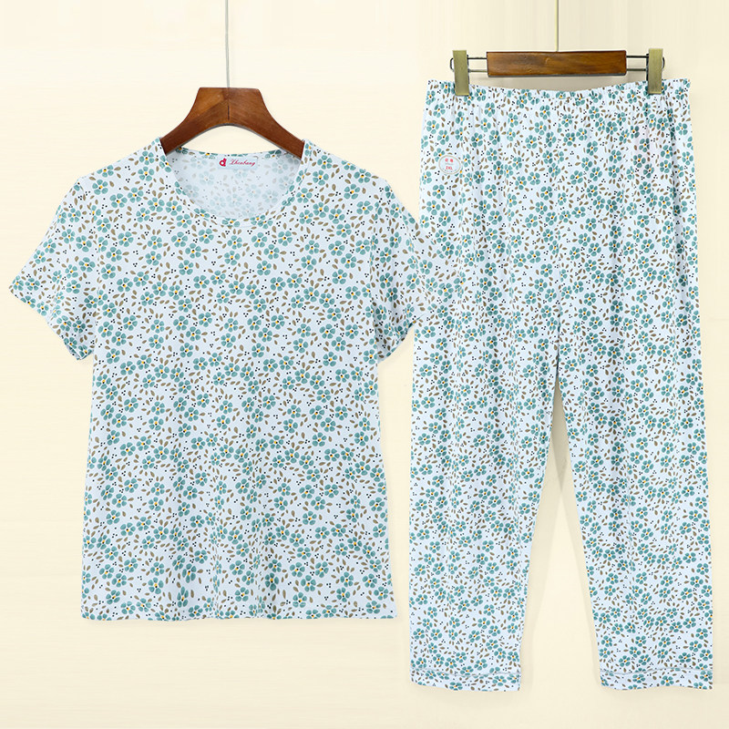 中老年女圆领印花宽松家居服套装