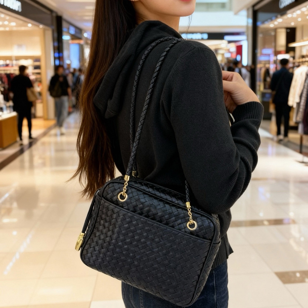 B家手工牛皮编织真皮女包时尚单肩腋下豆腐包中古斜挎相机小方包