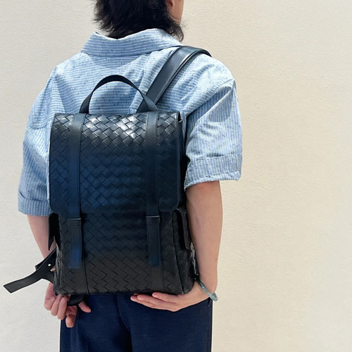 B家手工牛皮编织真皮女包back to school男女双肩背包旅行电脑包