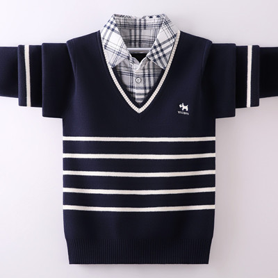 男童毛衣套头秋冬款儿童假两件针织衫加绒加厚中大童纯棉上衣韩版