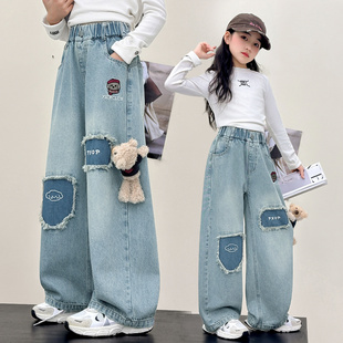 中大童宽松长裤 女童绣花牛仔裤 洋气阔腿裤 儿童韩版 潮 2026春秋新款