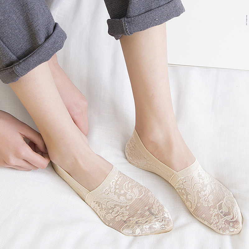 5双蕾丝船袜女纯棉浅口硅胶防滑秋平底鞋袜子性感隐形韩版床袜子