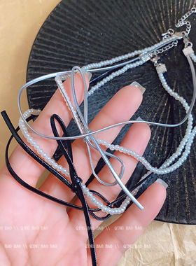 2026新款爆款皮绳蝴蝶结珍珠项链女甜酷风设计感小众双层锁骨链潮