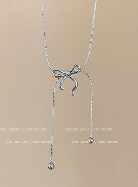 韩系抽拉式甜美简约金属蝴蝶结项链小众流苏颈链配饰气质锁骨链女