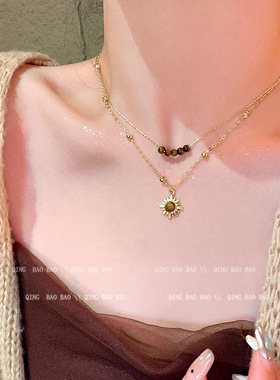 太阳花虎眼石款叠搭项链女款2026新款锁骨链秋冬美拉德气质毛衣链