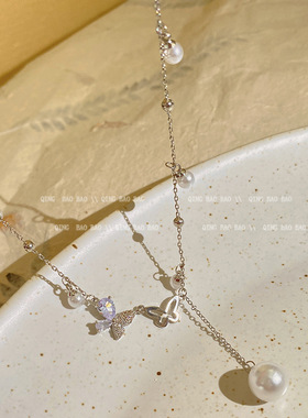 小清新蝴蝶珍珠吊坠项链女锁骨链气质百搭高级感韩国小众项饰