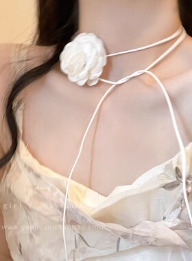 纯欲风玫瑰脖子系花项链女choker锁骨链项圈配饰颈带山茶花朵颈链