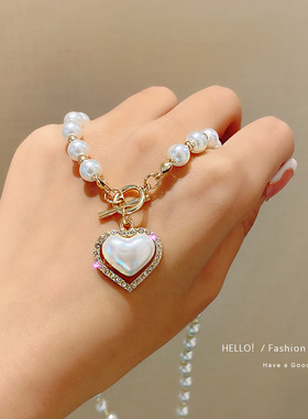 复古甜美爱心镶钻项链OT扣个性设计锁骨链简约气质优雅珍珠颈链女