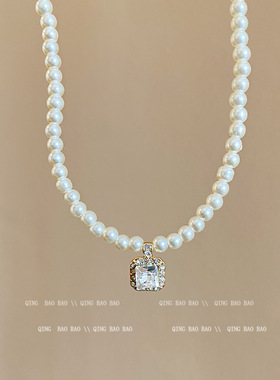 法式复古方块锆石吊坠珍珠项链女轻奢串珠小众百搭高级锁骨链颈链