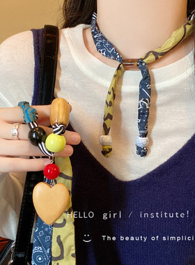时髦布艺丝巾串珠拼接可调节项链女复古挂脖丝巾配饰毛衣链锁骨链
