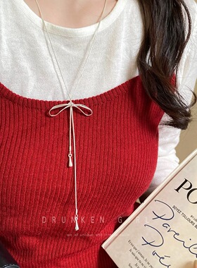 蝴蝶结流苏项链女2025新款轻奢小众设计感可调节长款毛衣链配饰品