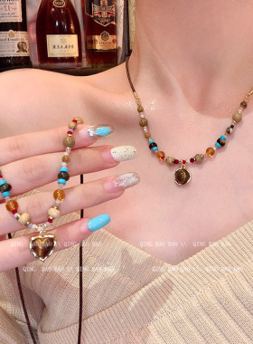 复古美拉德圆环虎眼石串珠项链女轻奢小众高级感毛衣链配饰颈链