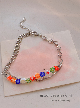 2026年新款彩色琉璃小花朵手链ins小众设计女生闺蜜简约双层手饰