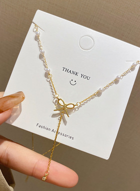 欧美蝴蝶结项链女轻奢小众夏百搭锁骨链简约气质小众设计感毛衣链