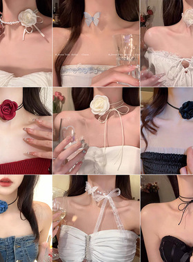 法式复古玫瑰花系带项链女轻奢时尚高级感锁骨链2026新款超仙颈链