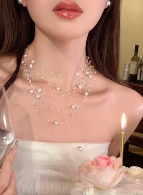满天星多层珍珠项链女法式高级感轻奢锁骨链鱼线叠戴颈链义乌配饰