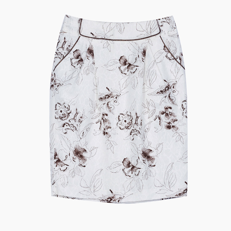 敦系列夏装新款女白色棉麻薄款印花半身裙包臀裙中裙品牌折扣正品