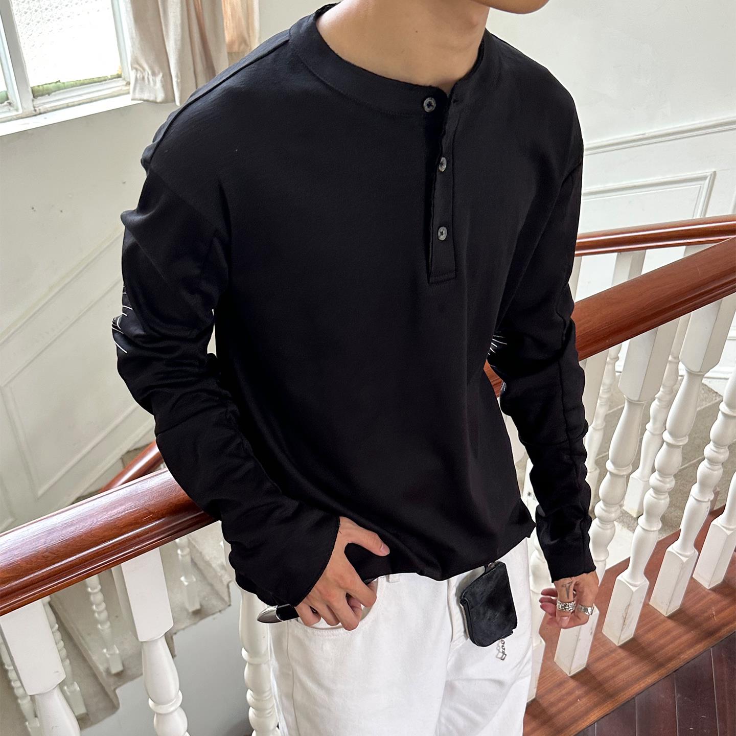 EME老钱风亨利领长袖T恤男女春秋季薄款打底针织衫高级松弛感上衣