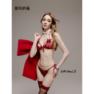 做你的猫：尤物陷阱*红色蕾丝蝴蝶结文胸性感内衣约会本命年套装