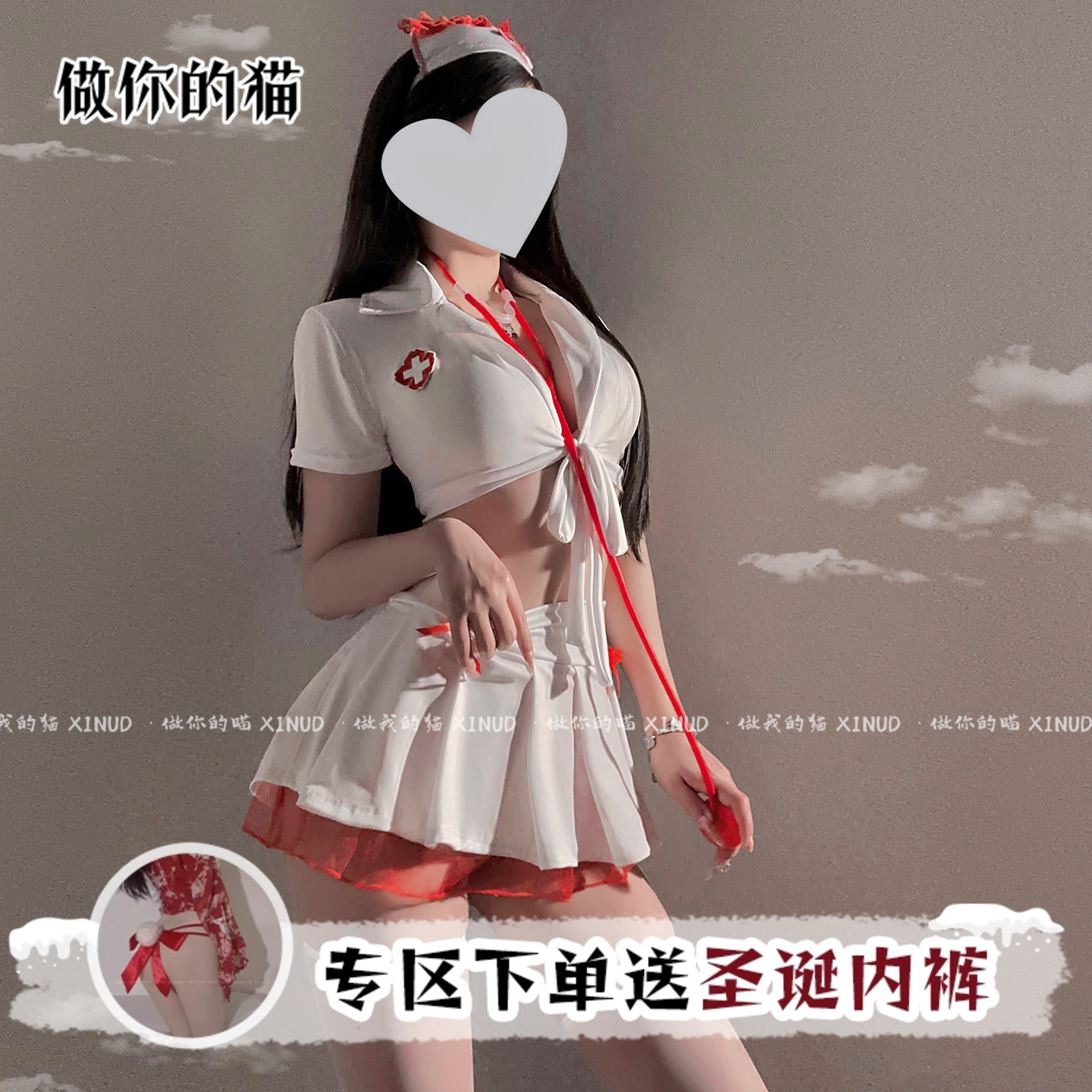 做你的猫：弟弟 来听听心跳*纯欲cos护士蝴蝶结jk风绑带露腰套装