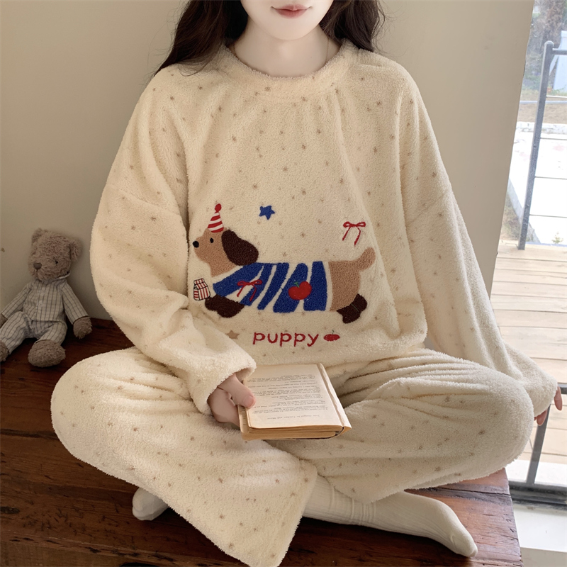 冬季珊瑚绒睡衣女士套头新款腊肠小狗甜美长袖长裤保暖家居服套装