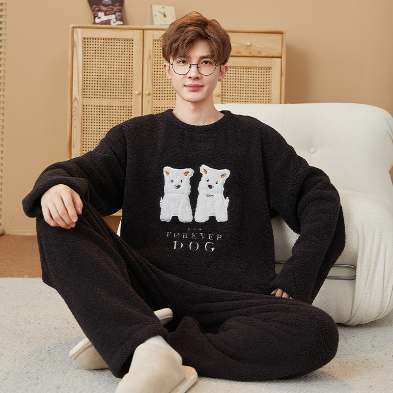 新款珊瑚绒冬季套头睡衣男秋冬卡通小狗狗加绒加厚家居服宽松套装