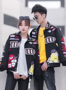 欧洲站秋冬原宿嘻哈刺绣机车夹克加棉衣高腰小短外学生牛仔套女