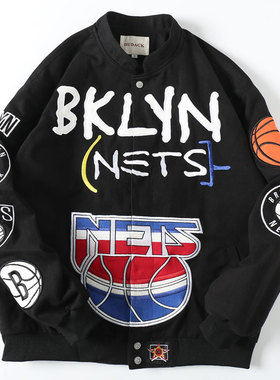 杜戴克2024春秋新款NBA篮网队潮牌男女棒球服宽松刺绣外套