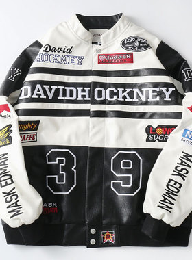 DUDACK杜戴克2024新款男女潮牌pu皮衣重工刺绣拼接棒球服机车外套