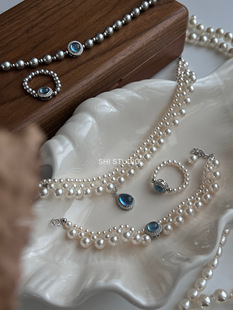 轻奢气质珍珠编织海宝蓝项链锁骨链手链戒指套装