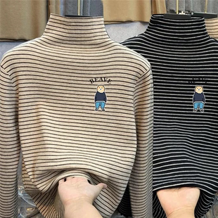 男女童秋冬季宝宝2025条纹打底衫儿童保暖德绒长袖T恤半高领上衣