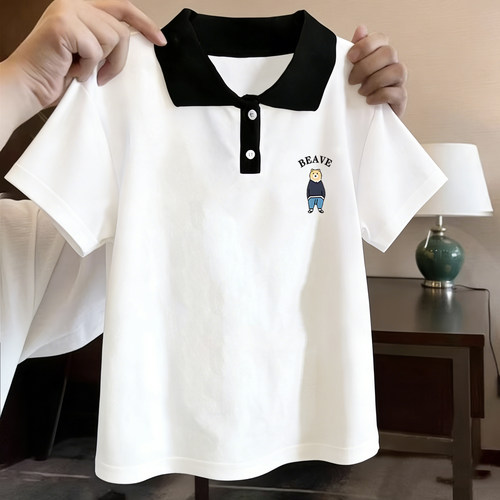 夏季撞色小熊宽松短袖儿童POLO衫