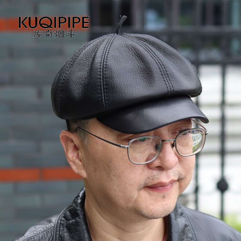 真皮八角帽子中老年春秋季男女时尚鸭舌羊皮薄款休闲画家帽潮冬天