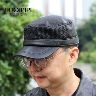 羊皮平顶帽子男单层韩版潮真皮格纹时尚中老年秋冬季冬天鸭舌爸爸