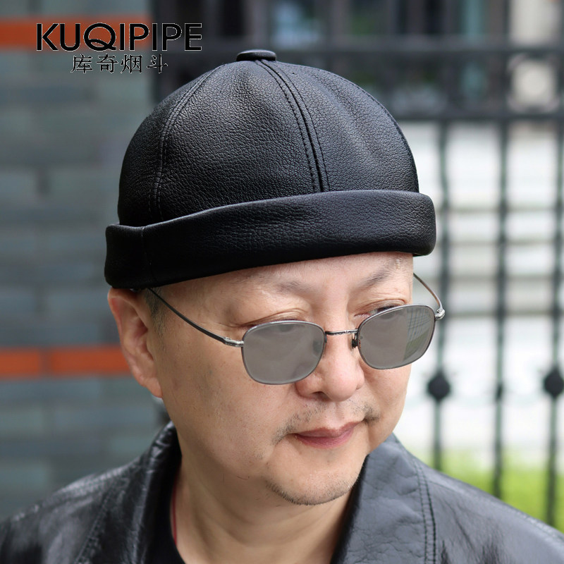 真皮复古西瓜皮帽子男休闲地主中老年羊皮羊皮无檐棒球秋冬季水手