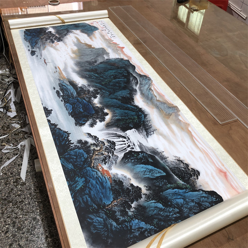 周强春山富水山水国画微喷复制横幅招财风水画办公室客厅装饰画