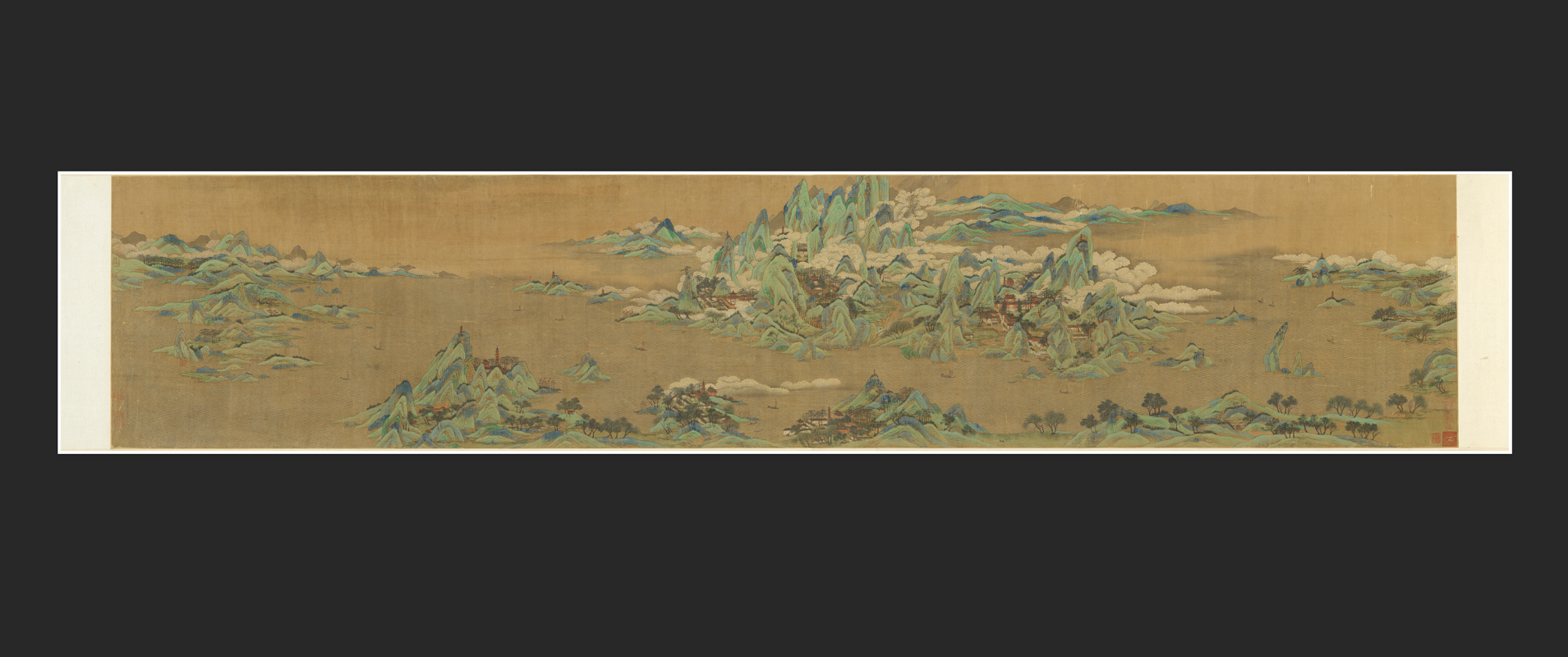 北宋 赵千里 海岸图 古代名家青绿山水横幅装饰画微喷复制品装裱