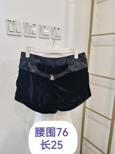 高腰金丝绒拼接羊皮短裤秋冬裤子女百搭度假风通勤显瘦休闲裤黑色